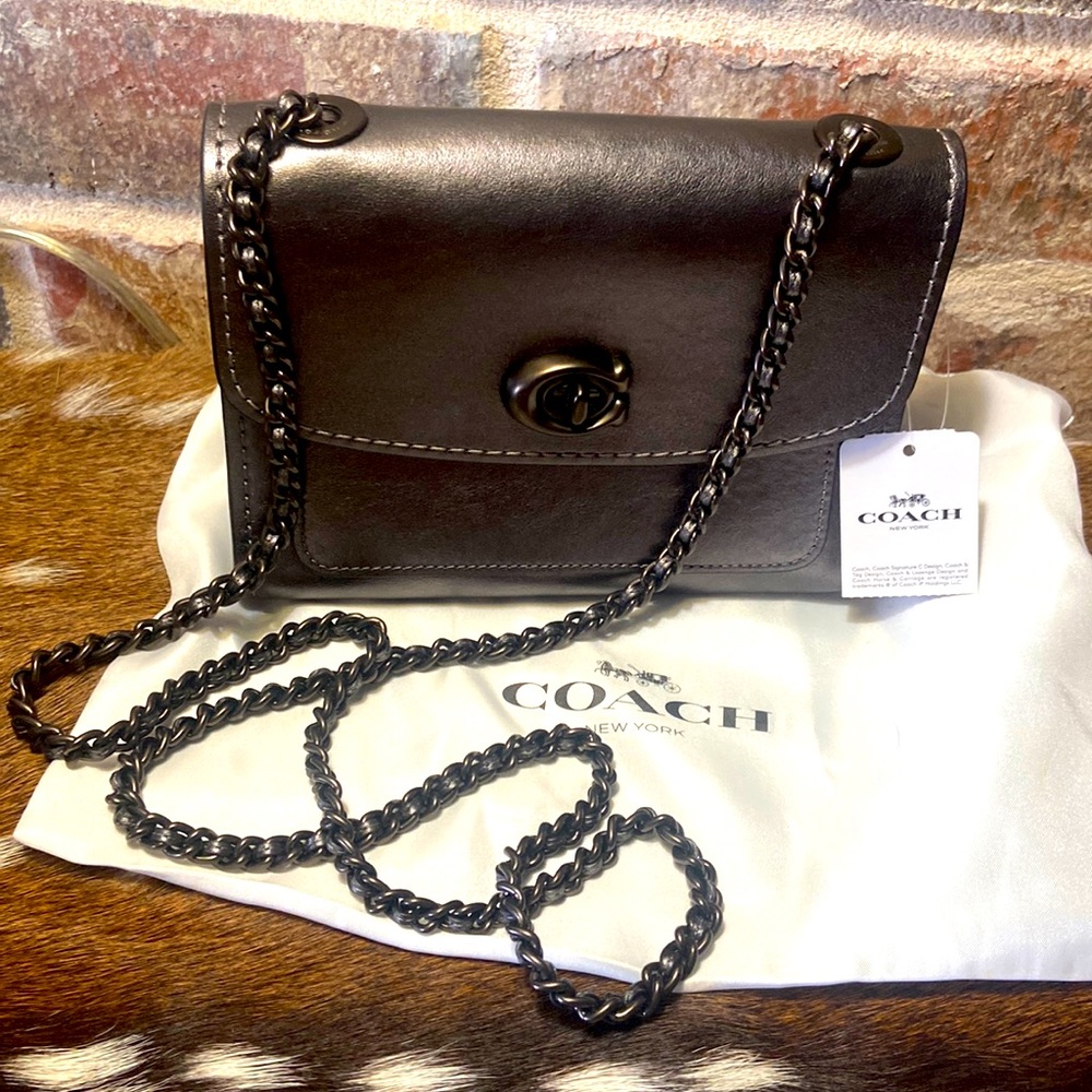 NWT Coach Parker Metallic Graphite Leather Shoulder Bag with chain